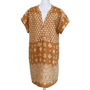Uncle Frank Gold Cream Tan Batik Print Linen Dress Sz M/L Pockets Short Sleeves